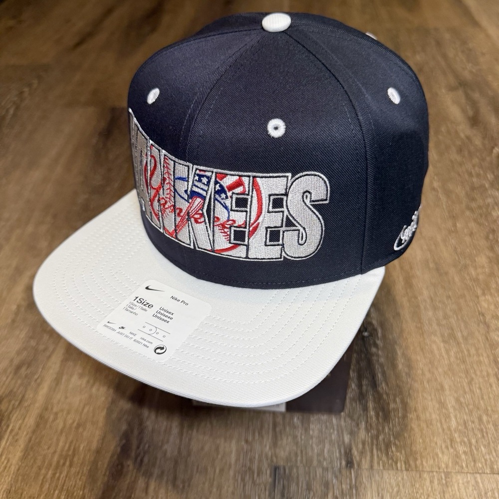 Nike‎ New York Yankees Hat Mens OS Navy Blue White Spellout Pro Snapback MLB Cap